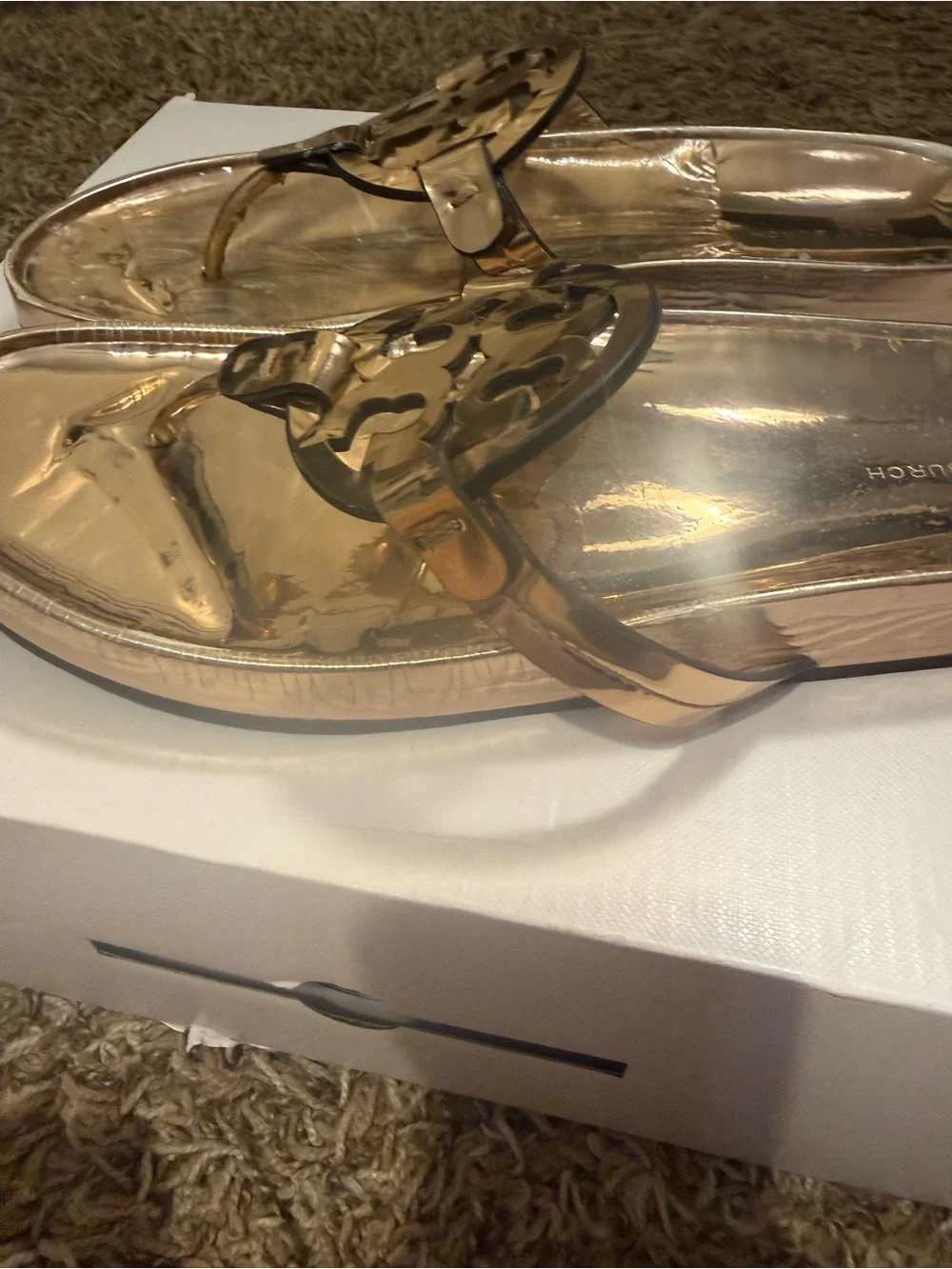 Tory Burch Rose Gold Logo Thong Sandals